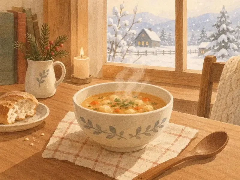 春芽今日物语《雪落无声，可那碗热汤一直在等你回家》配图